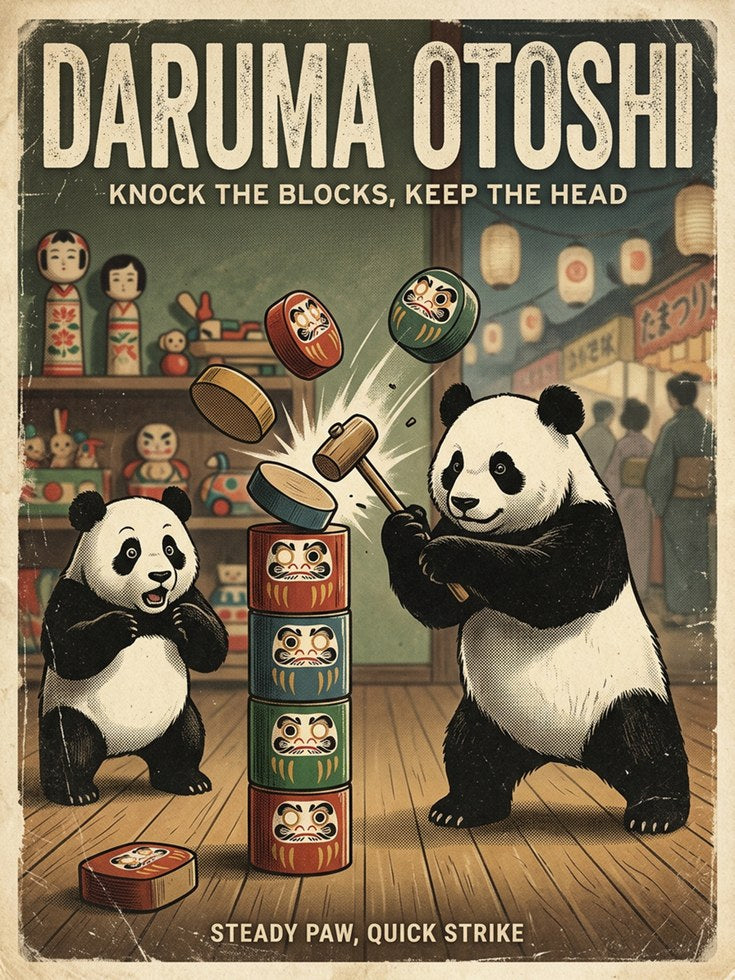 Daruma Otoshi Panda Game Poster: Retro Japanese Toy Art Print - artwork on paper