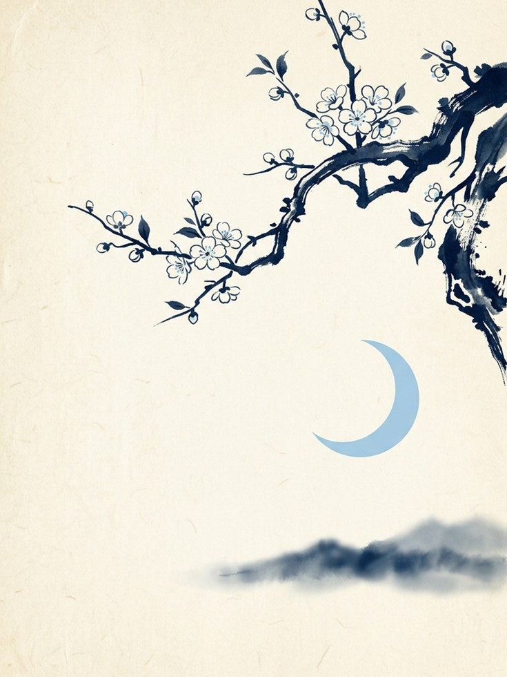 Cherry Blossom Moon Art Print: Japanese Ink Painting Style - artwork on paper