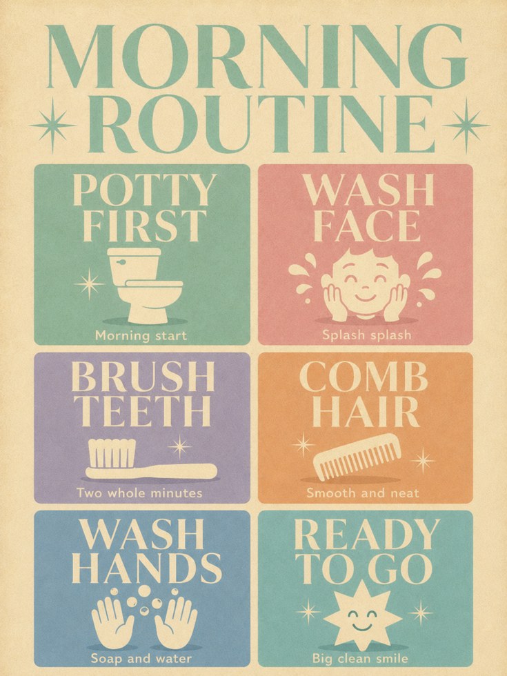 Morning Routine Print: Retro Kids Hygiene Chart - artwork on paper