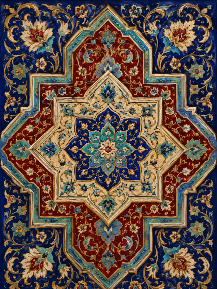 Persian Tile Mandala Art Print: Blue and Red Islamic Pattern - artwork on paper