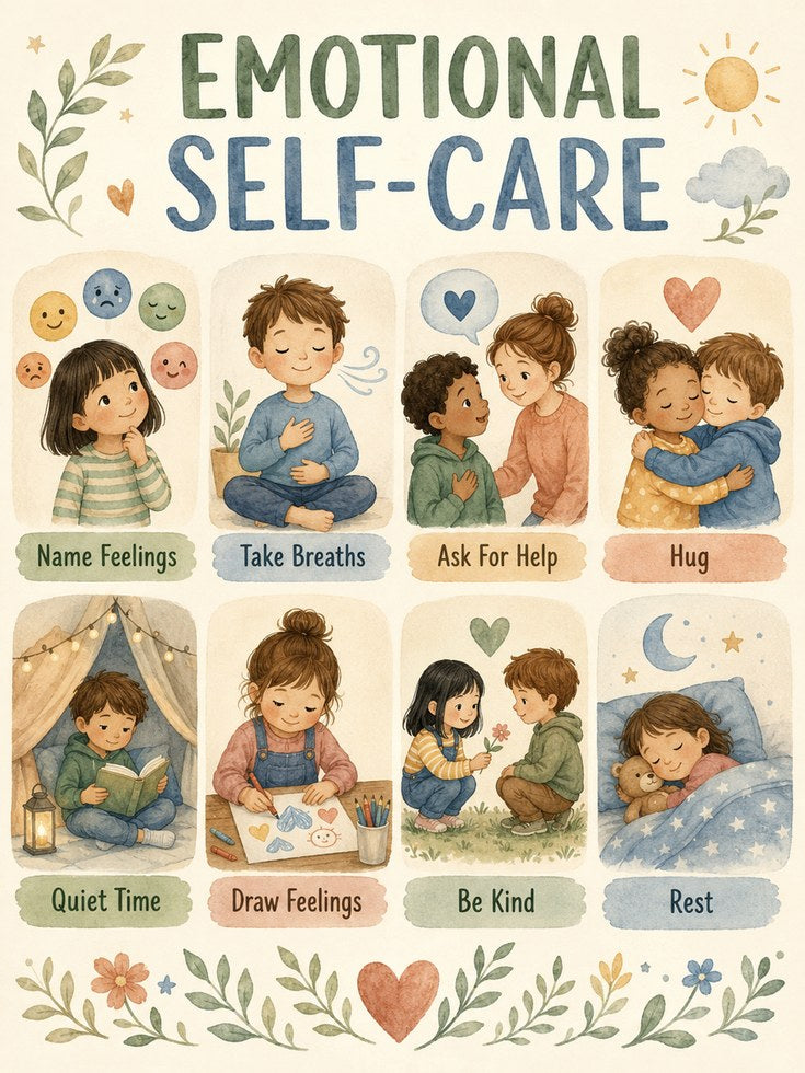 Kids Emotional Self-Care Chart: Educational Wall Art - artwork on paper