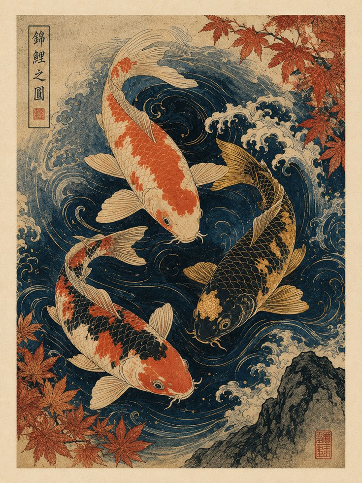 Japanese Koi Fish Art Print: Ukiyo-e Style with Autumn Leaves - artwork on paper