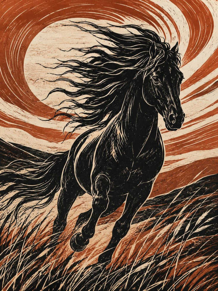 Black Horse Linocut Print – Bold Woodblock Style - artwork on paper