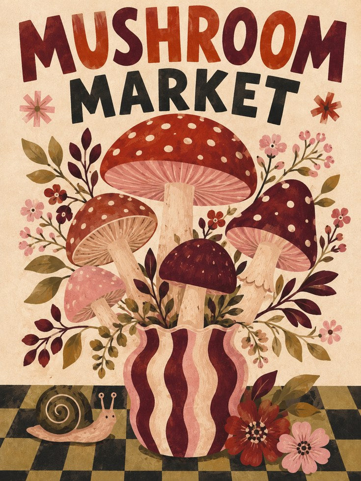 Mushroom Kitchen Decor – Folk Art Print - artwork on paper