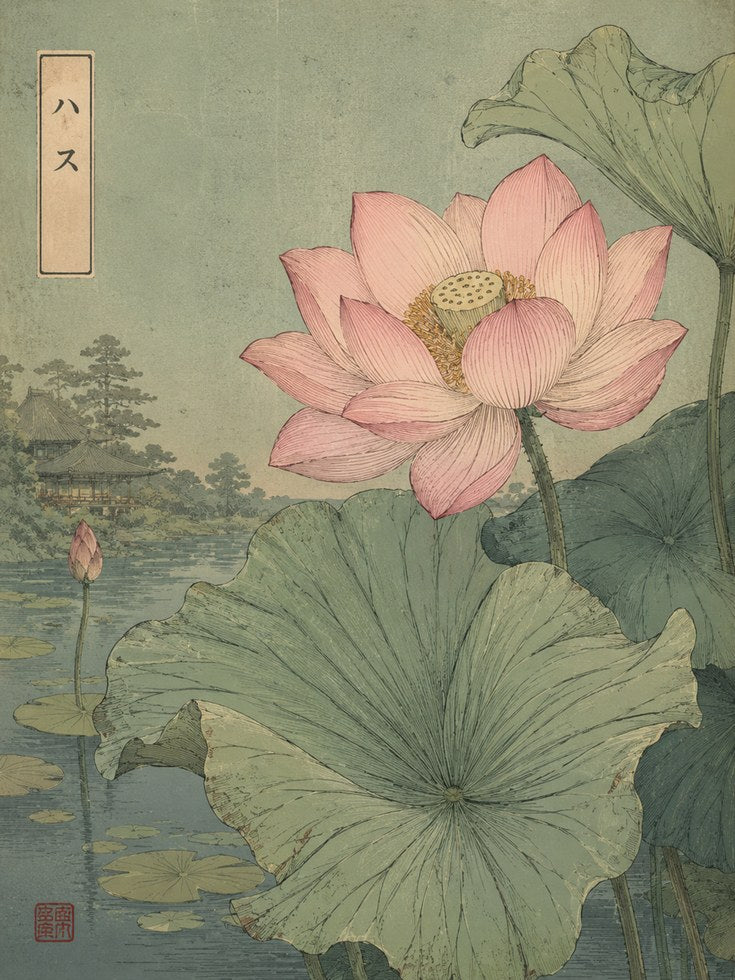 Lotus Flower Japanese Print — Vintage Botanical Illustration - artwork on paper