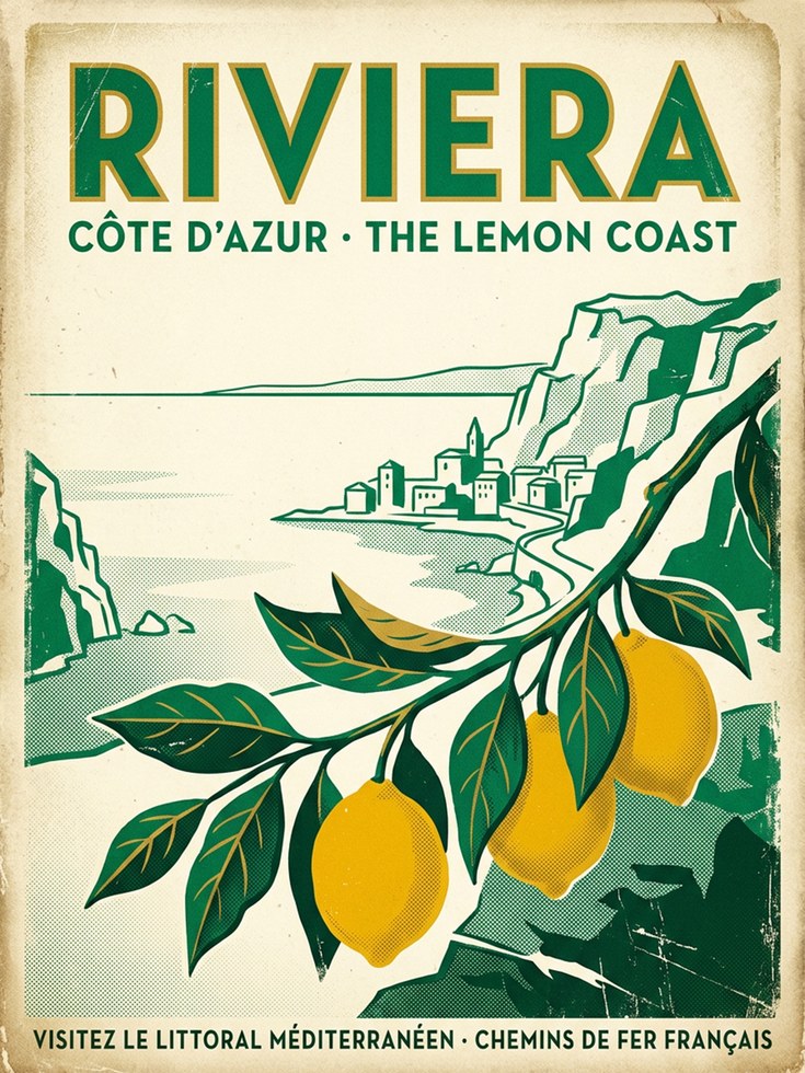 Riviera Travel Poster – French Côte d'Azur Lemon Coast Retro Art - artwork on paper
