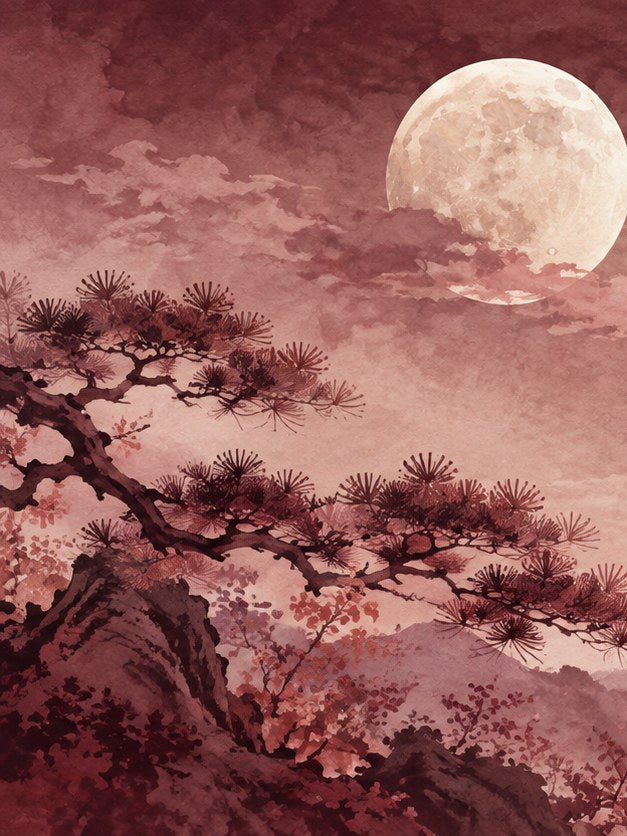 Japanese Pine Tree Moon Art Print: Mauve Watercolor Landscape - artwork on paper