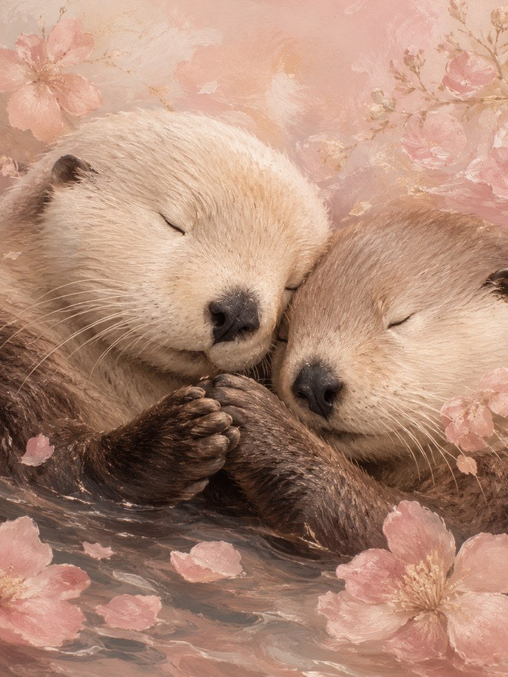 Otter Art Print — Soft Watercolor with Cherry Blossoms - artwork on paper