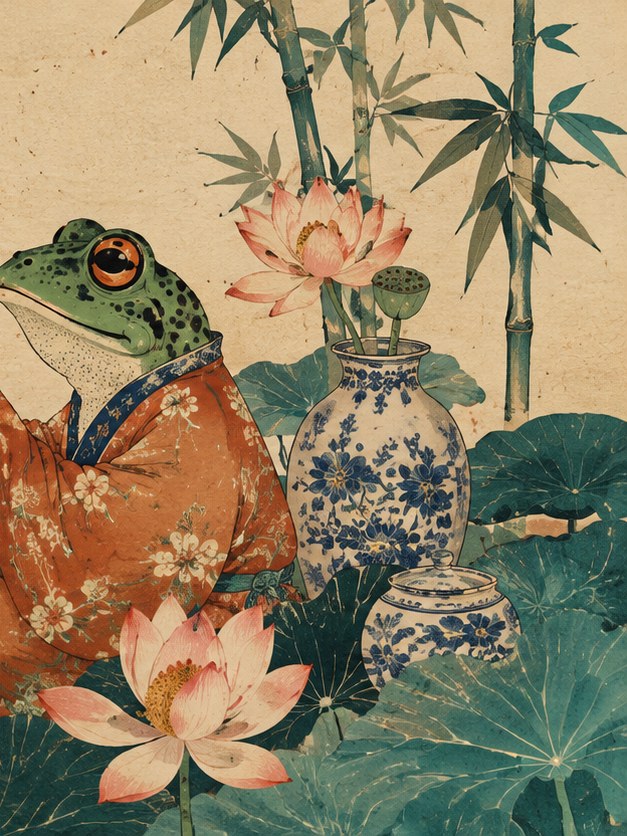 Frog and Lotus Wall Art: Vintage Asian Botanical Illustration - artwork on paper