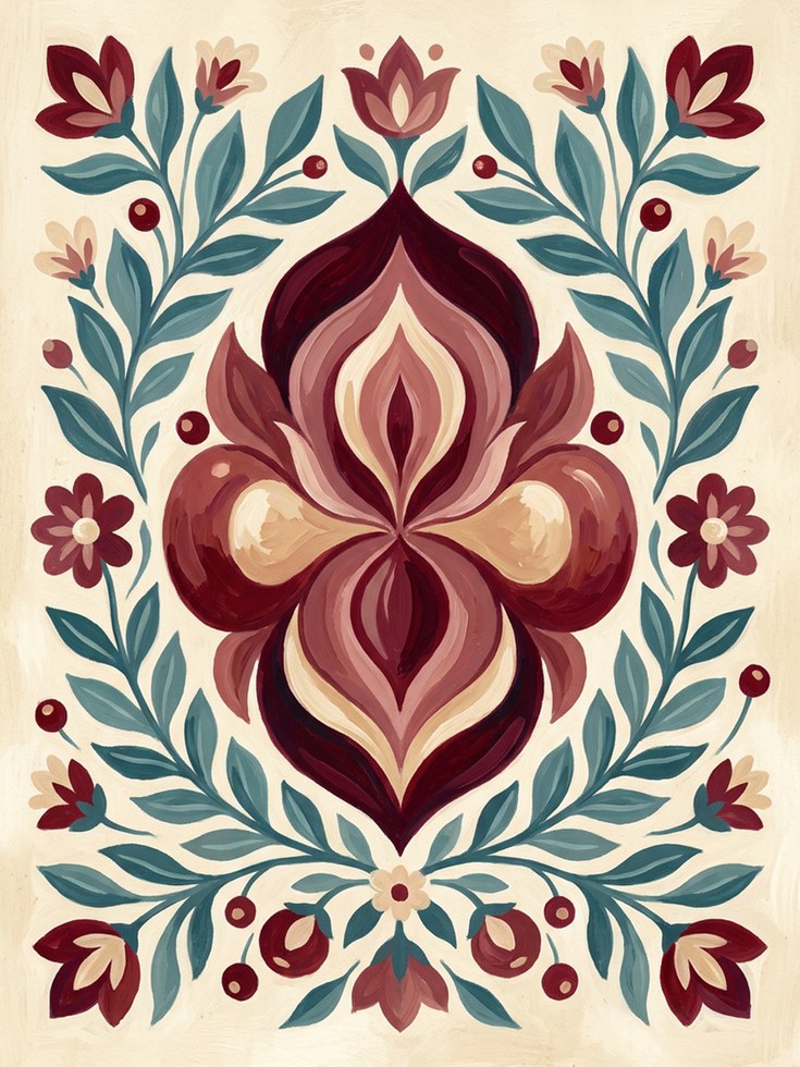 Folk Art Floral Print — Symmetrical Botanical Illustration - artwork on paper