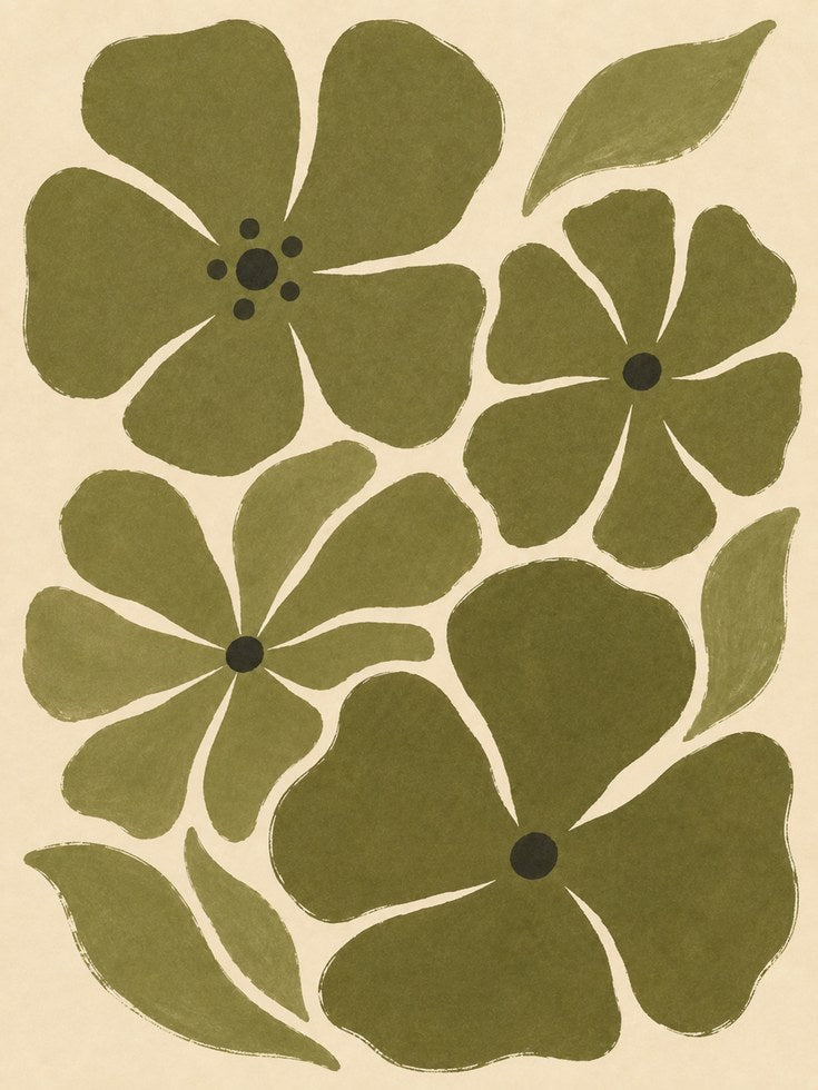 Olive Green Floral Poster: Mid-Century Modern Botanical Art - artwork on paper