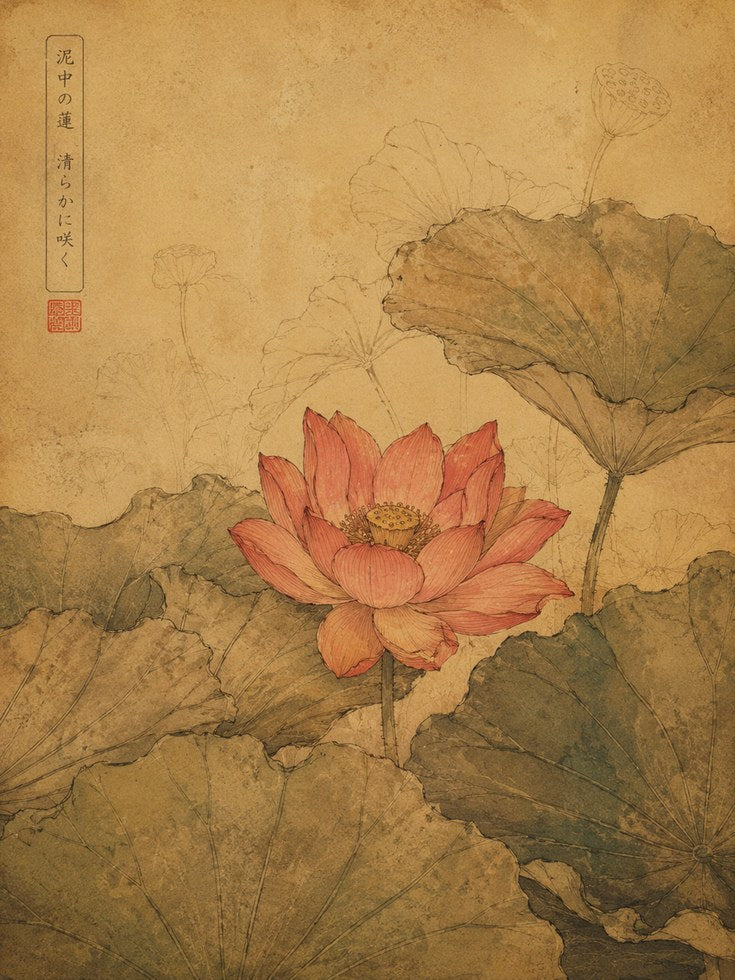 Lotus Flower Vintage Print — Traditional Asian Botanical Art - artwork on paper