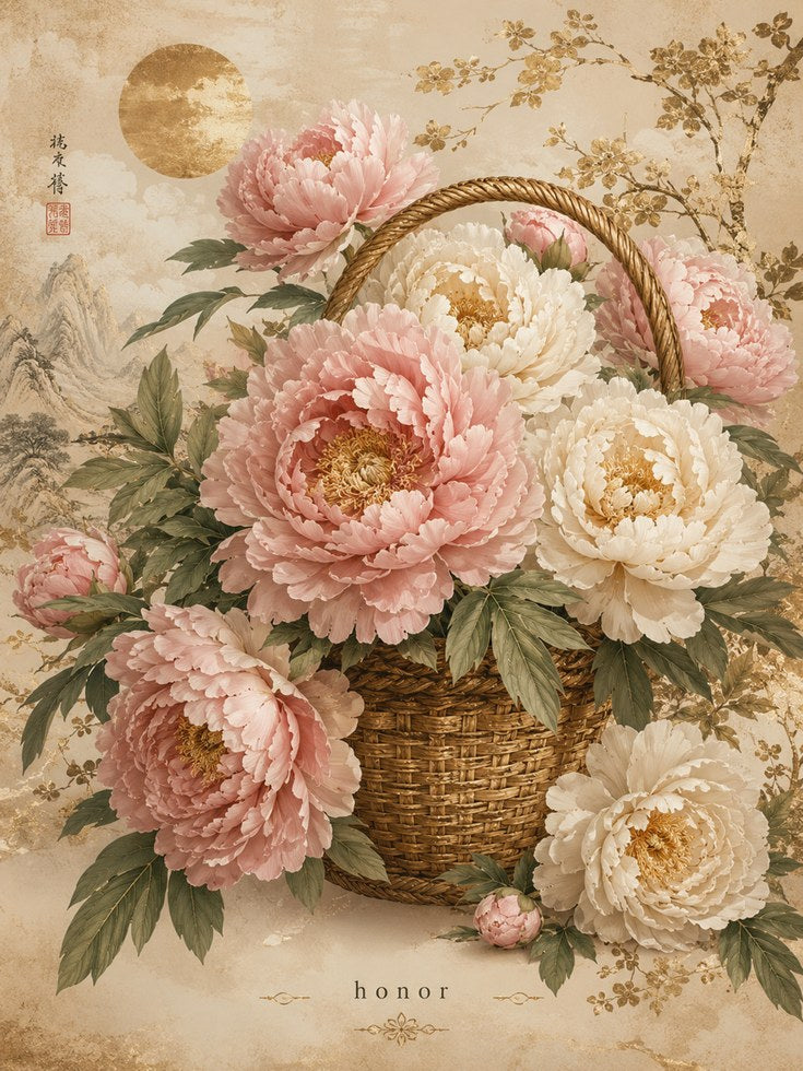 Peony Basket Wall Art – Asian Floral Print - artwork on paper