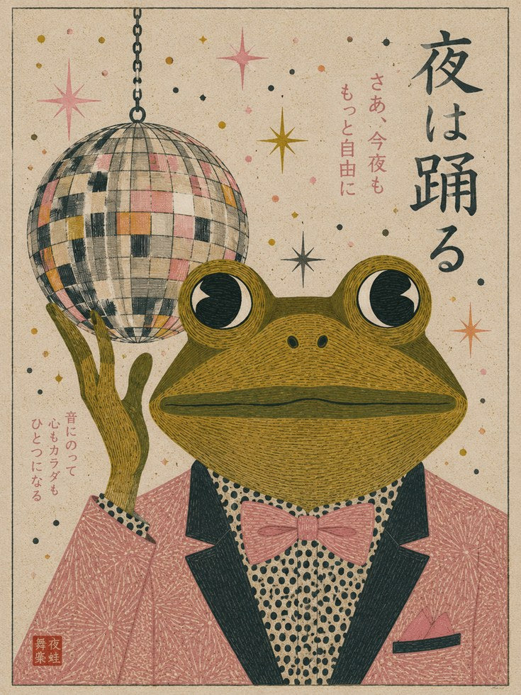 Japanese Frog Disco Art – Retro Animal Print - artwork on paper