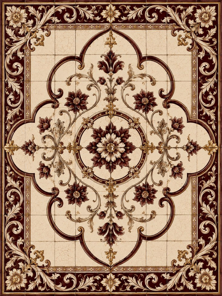 Baroque Floral Medallion Art Print: Ornate Brown and Gold Design - artwork on paper