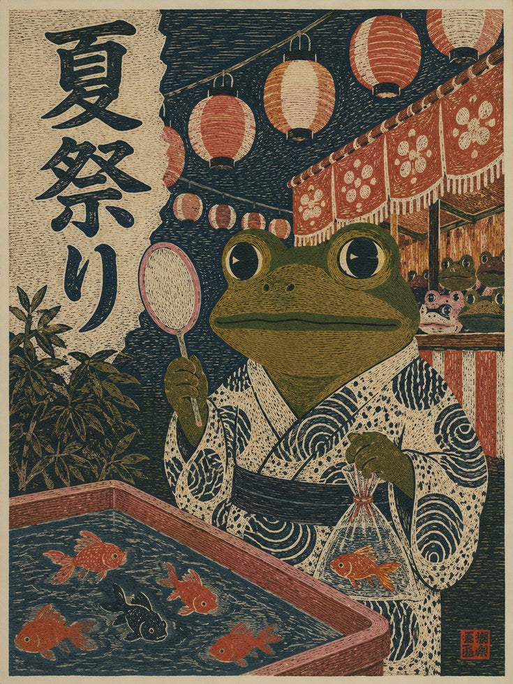 Japanese Frog Festival Print – Asian Wall Art - artwork on paper