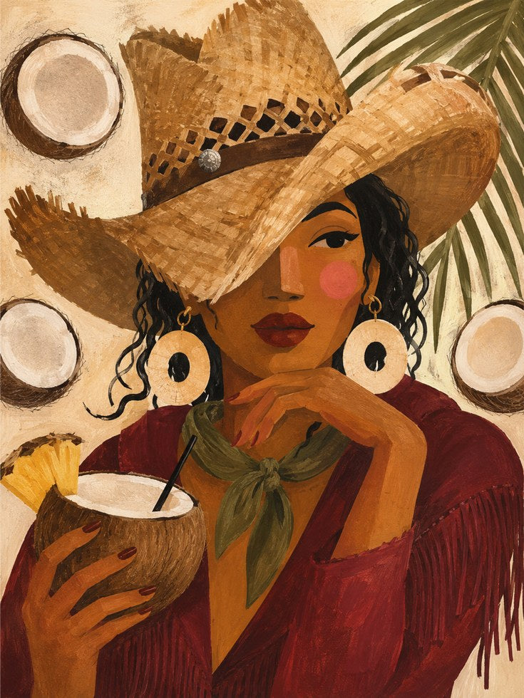 Tropical Woman With Straw Hat Art Print: Warm Boho Portrait - artwork on paper