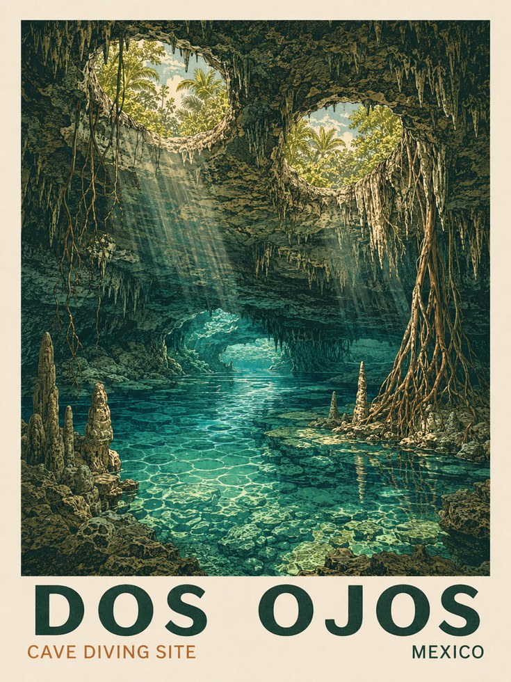Cenote Wall Art – Dos Ojos Cave Diving Print - artwork on paper