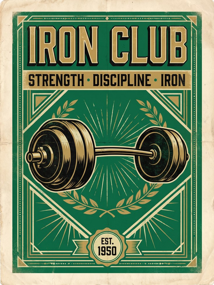 Vintage Iron Club Gym Print — Retro Weightlifting Barbell Poster - artwork on paper