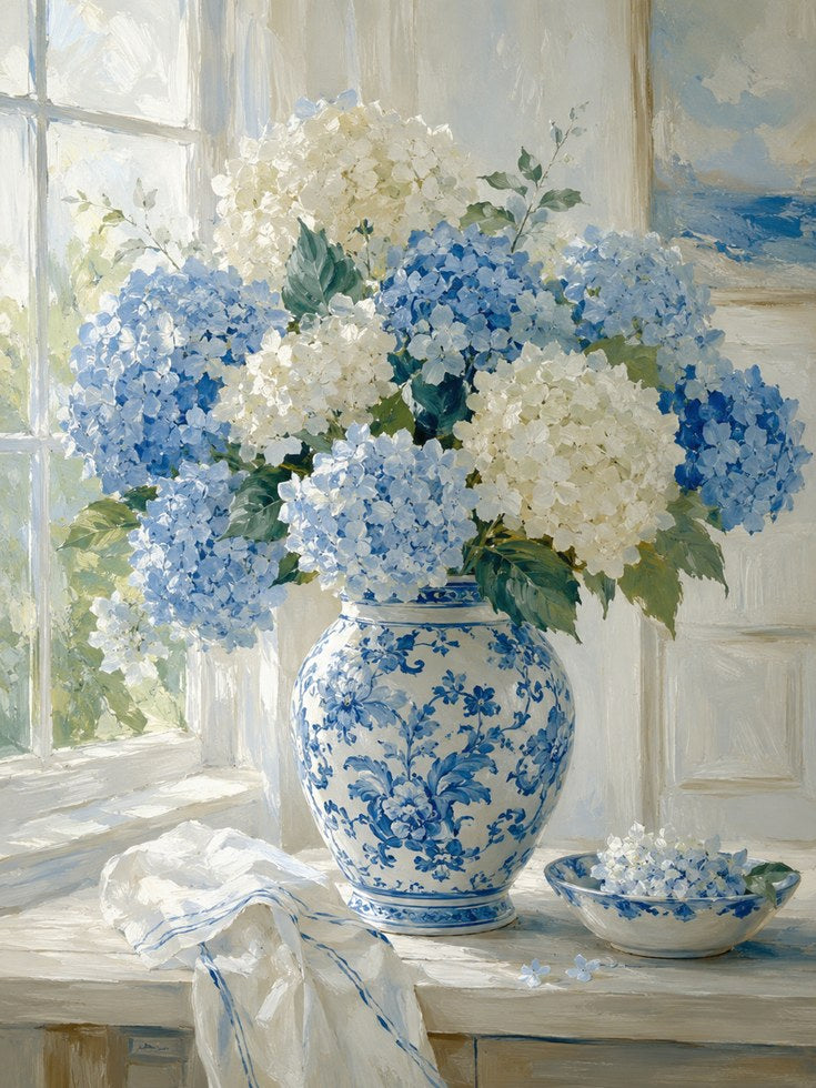 Hydrangea Wall Art – Blue White Floral Print - artwork on paper