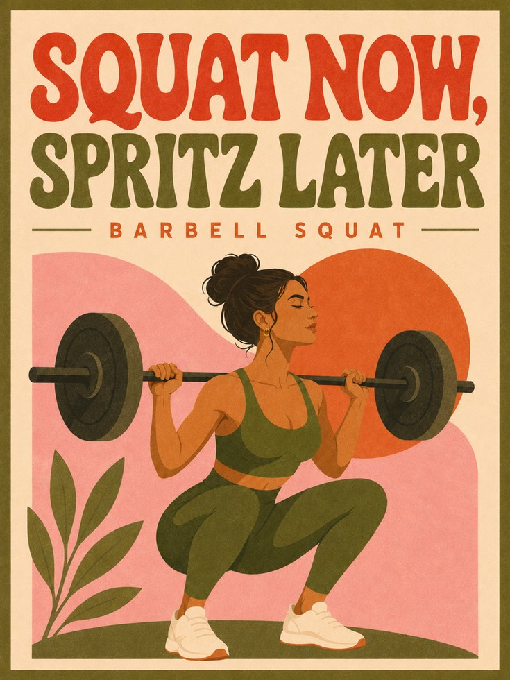Squat Now Spritz Later: Retro Fitness Motivation Poster - artwork on paper