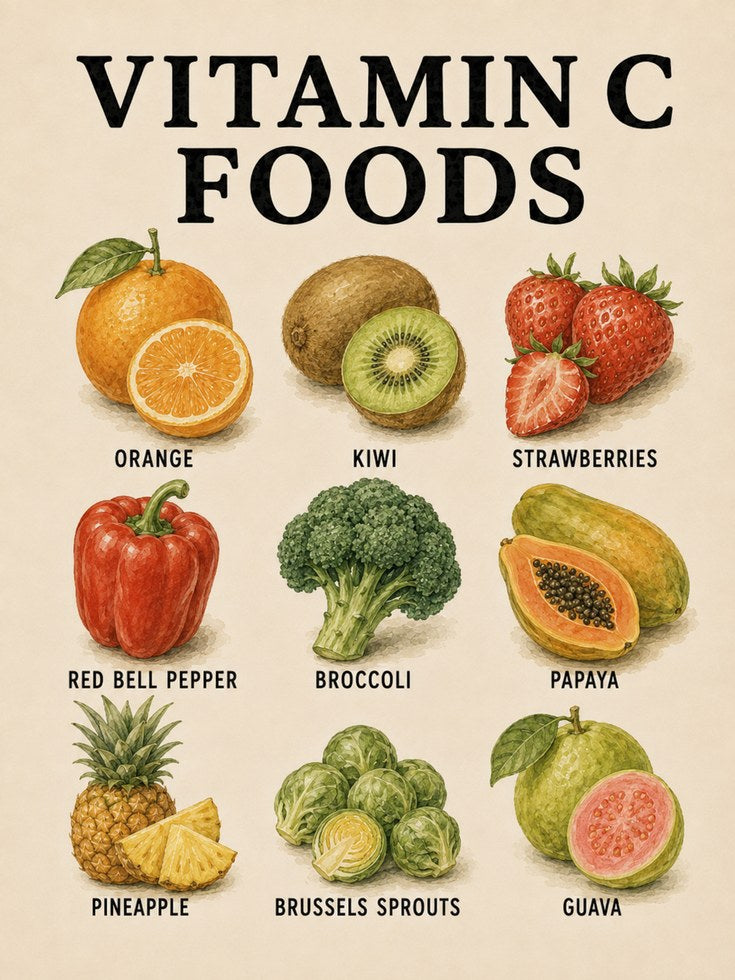 Vitamin C Foods Poster – Kitchen Wall Art - artwork on paper
