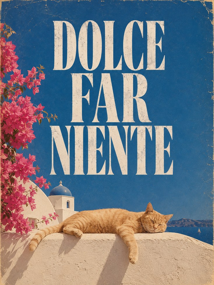 Dolce Far Niente Cat Poster: Mediterranean Travel Wall Art - artwork on paper
