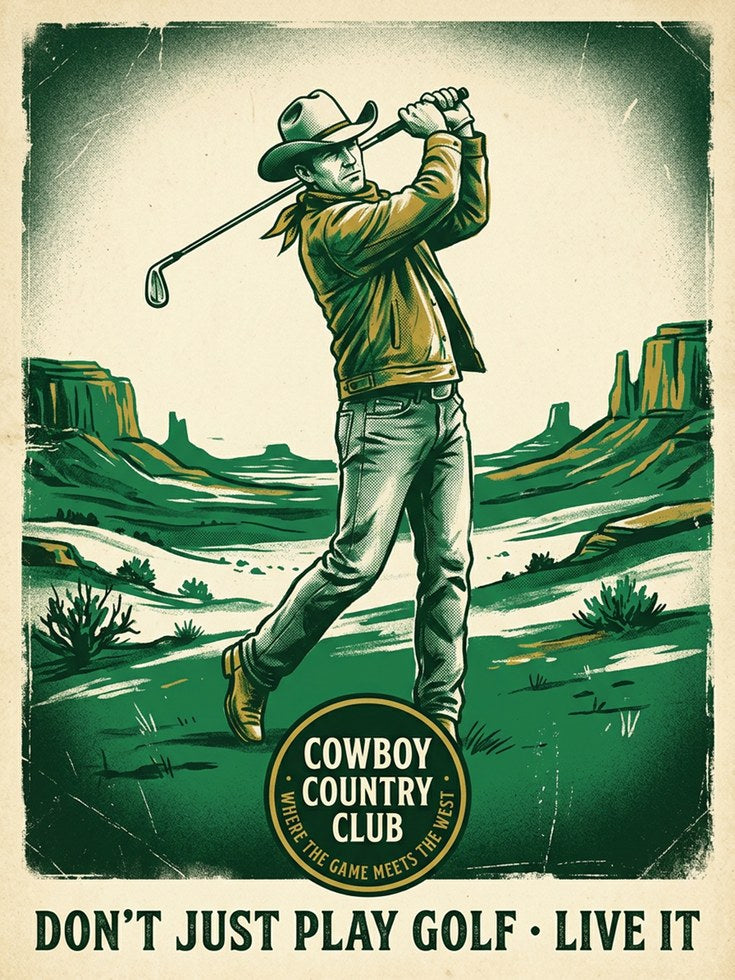 Vintage Cowboy Golfer Print: Retro Western Green Sports Poster - artwork on paper