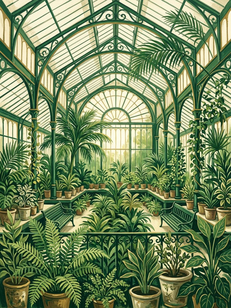 Victorian Conservatory Art Print: Green Botanical Garden - artwork on paper