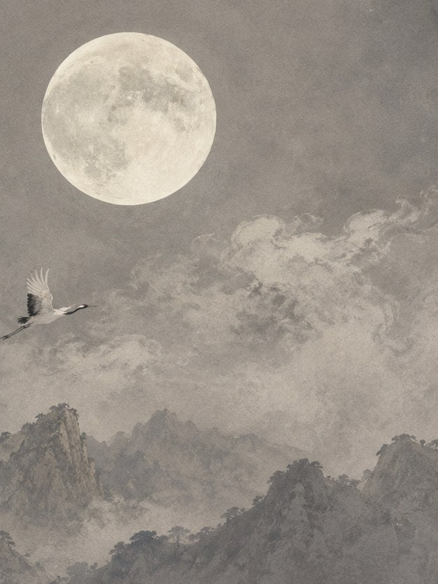 Crane and Full Moon Print: Asian Ink Wash Mountain Landscape - artwork on paper