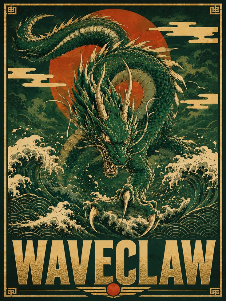 Japanese Dragon Art Print: Vintage Wave and Red Sun Design - artwork on paper