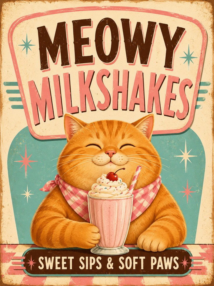 Cat Milkshake Poster – Retro Kitchen Wall Art - artwork on paper
