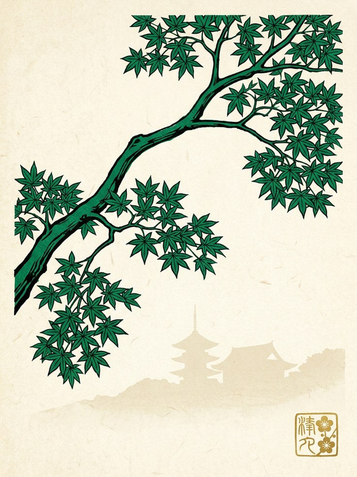 Japanese Maple Branch Art Print: Green Tree with Pagoda Design - artwork on paper