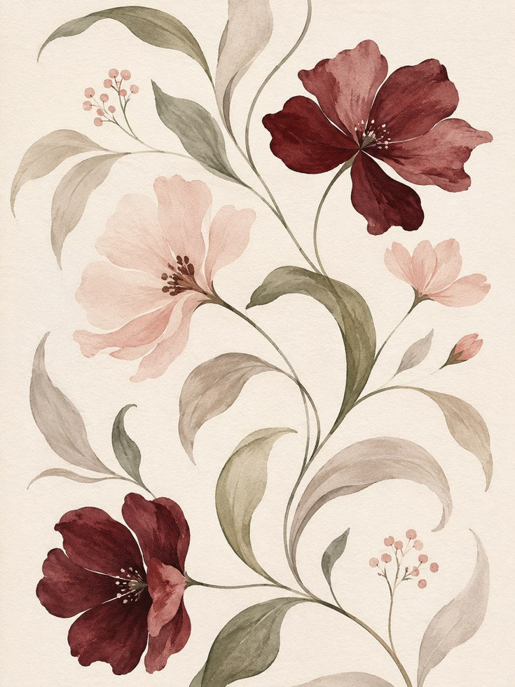 Burgundy and Blush Floral Art Print: Watercolor Botanical Design - artwork on paper