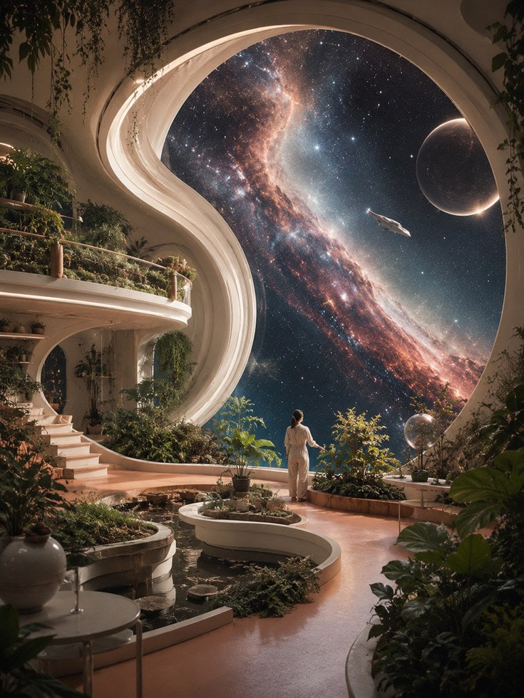 Cosmic Garden Observatory: Surreal Space Architecture Art Print - artwork on paper