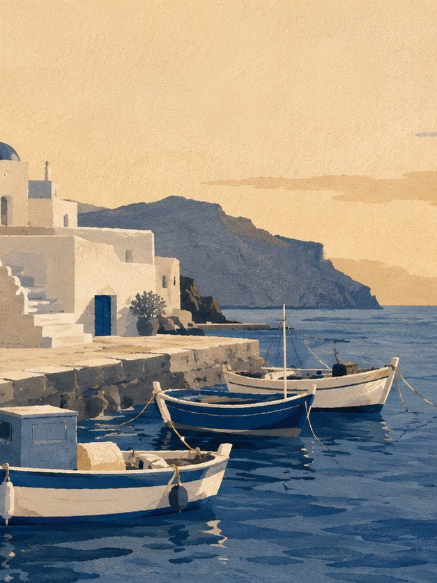 Greek Coastal Village Art Print: Mediterranean Blue Boats - artwork on paper