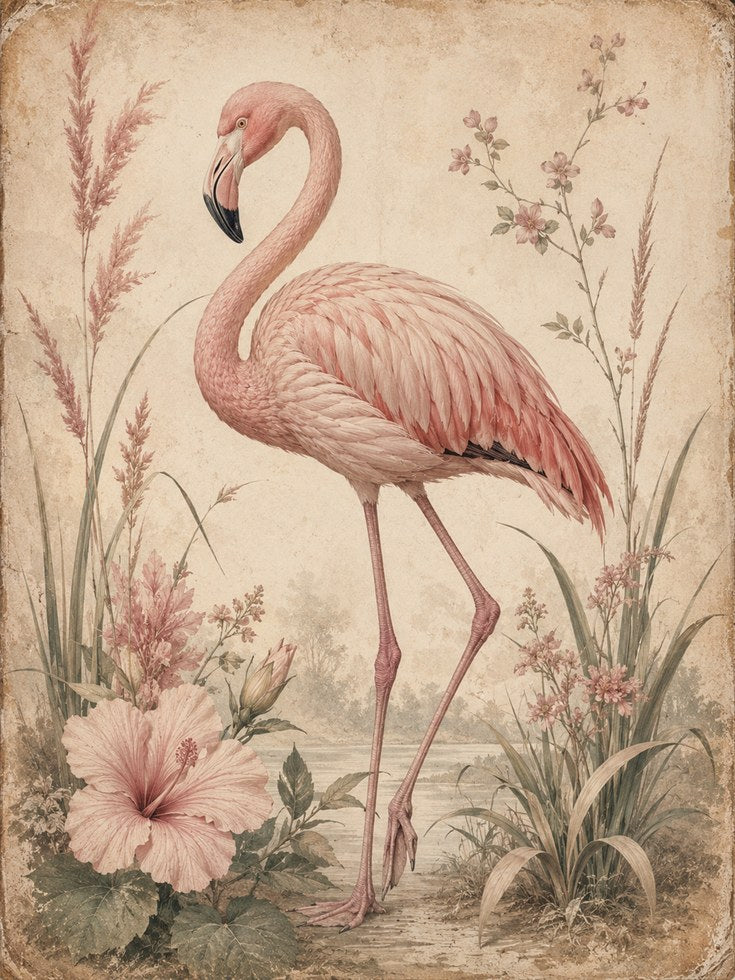 Flamingo Botanical Print – Vintage Bird Wall Art - artwork on paper