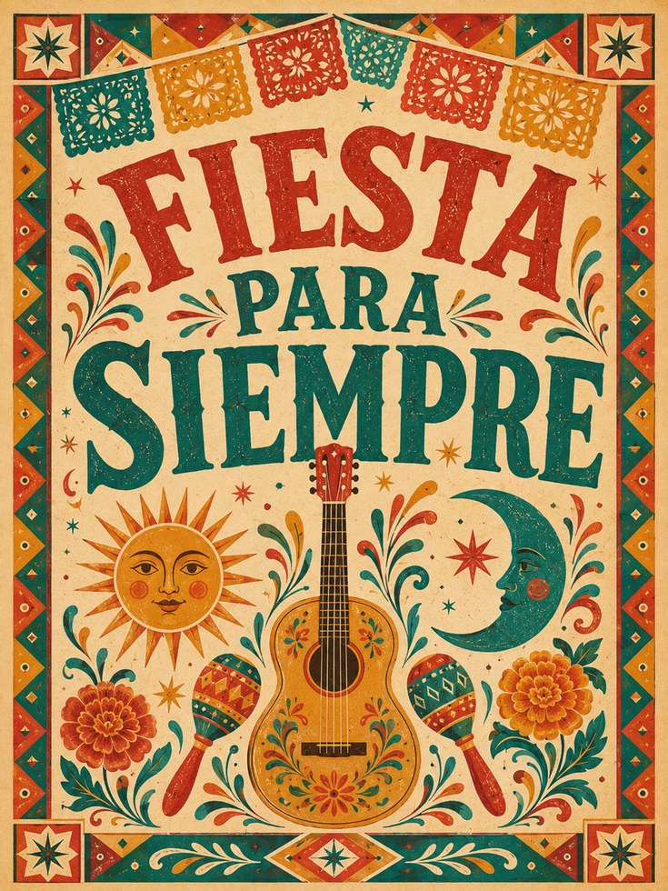 Fiesta Para Siempre Print: Colorful Mexican Folk Art Wall Decor - artwork on paper