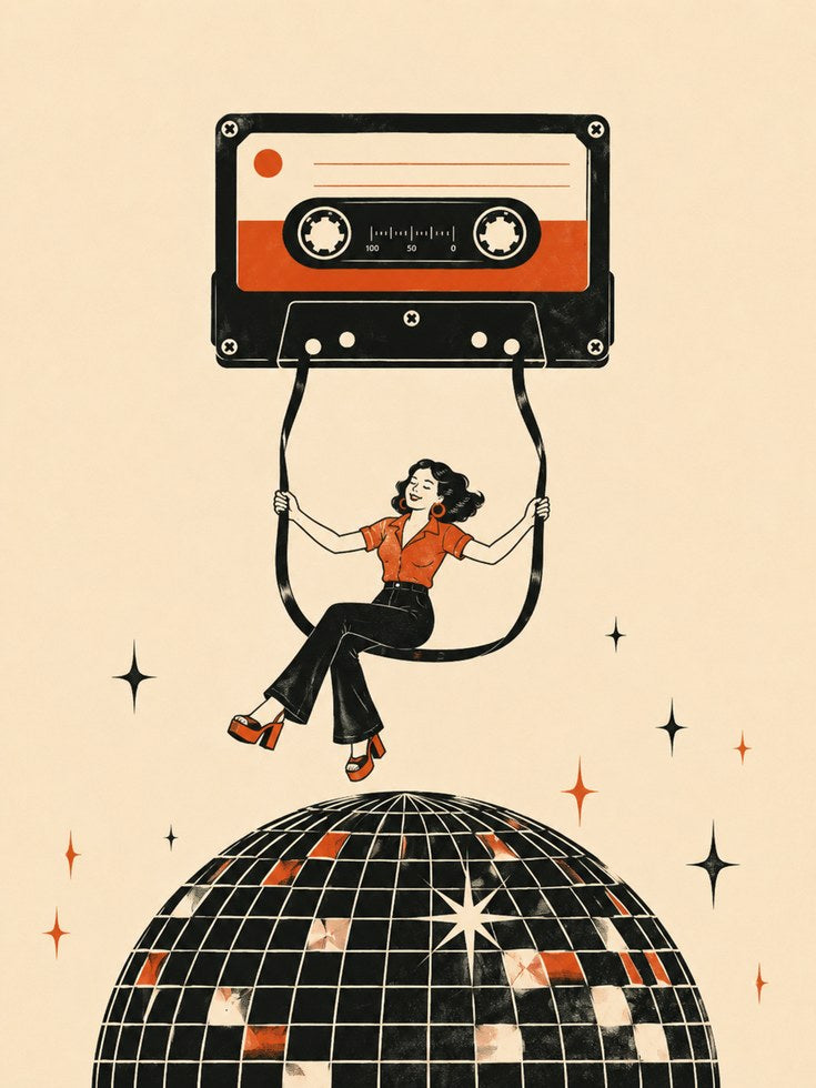Retro Cassette Tape Art Print – Disco Ball - artwork on paper