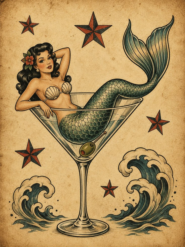 Mermaid Martini Poster: Vintage Tattoo Style Pin-Up Art - artwork on paper