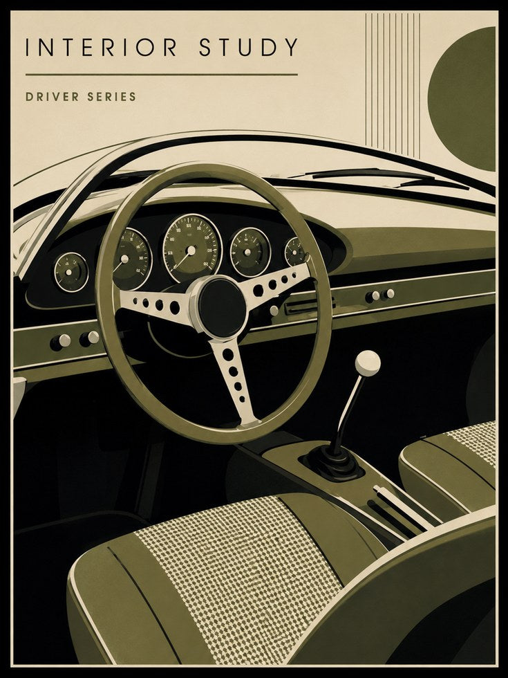 Car Interior Wall Art: Retro Dashboard and Steering Wheel - artwork on paper