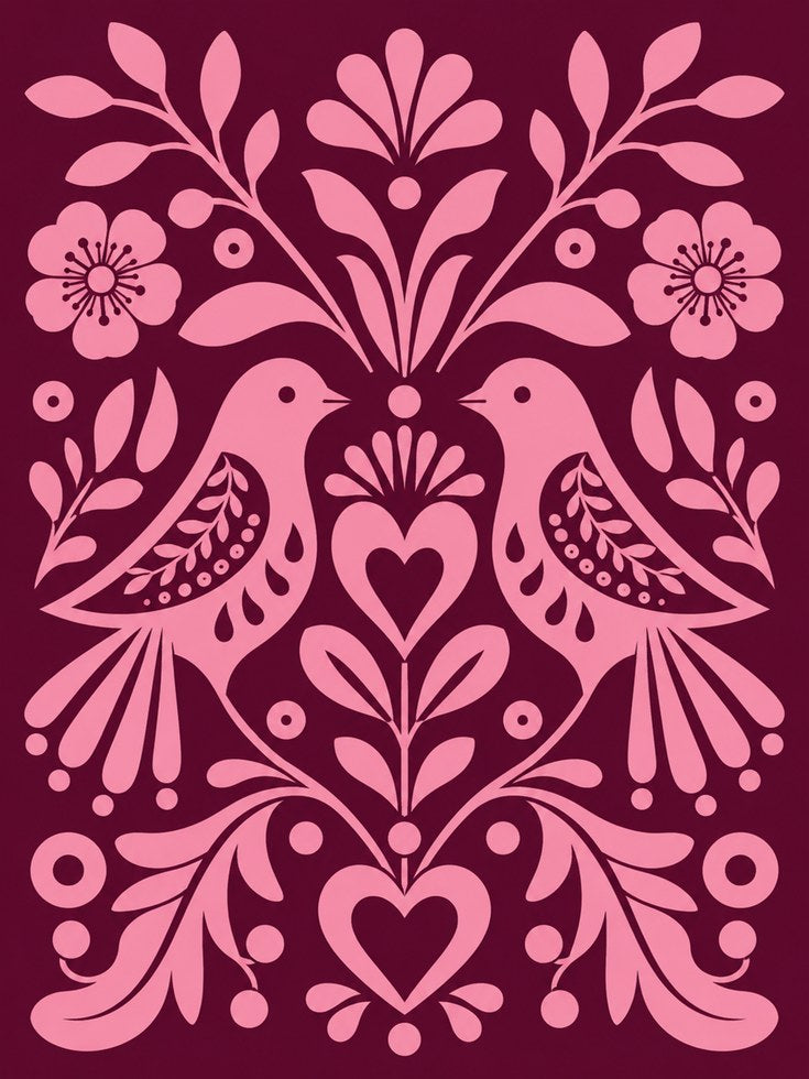 Folk Art Bird Print – Pink Burgundy Wall Art - artwork on paper