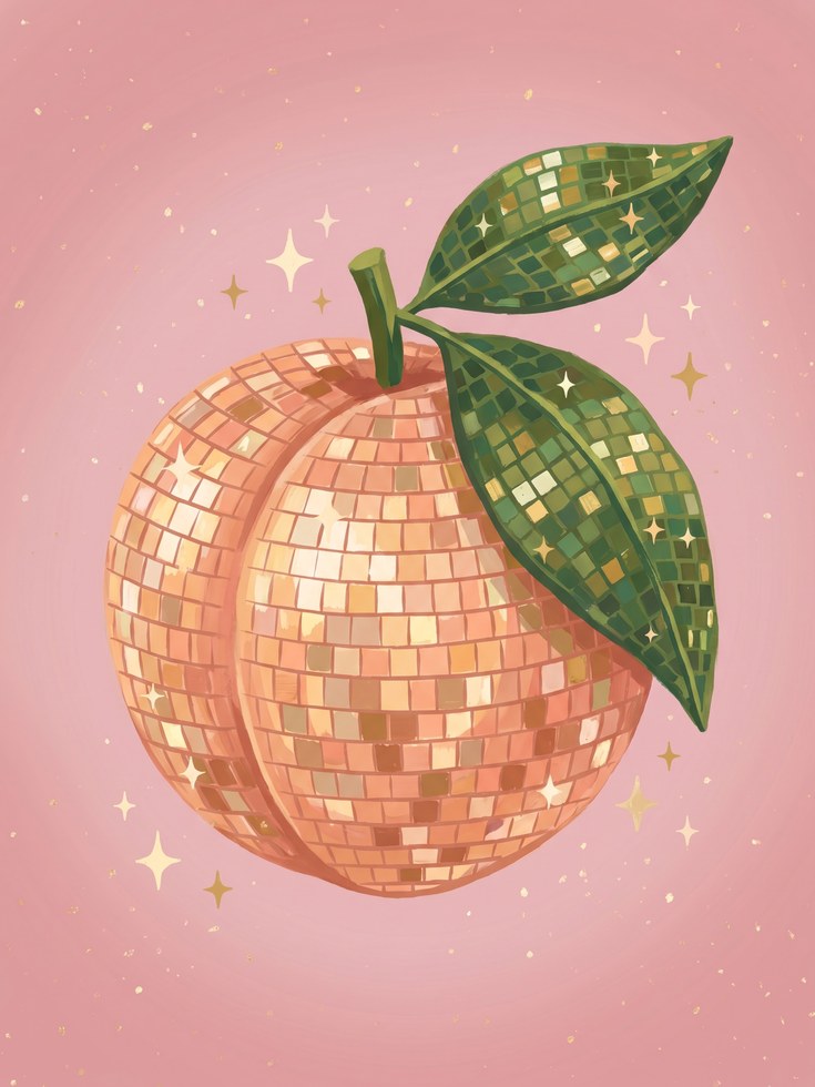Peach Disco Ball Print: Retro Fruit Art (Multiple Sizes) - artwork on paper