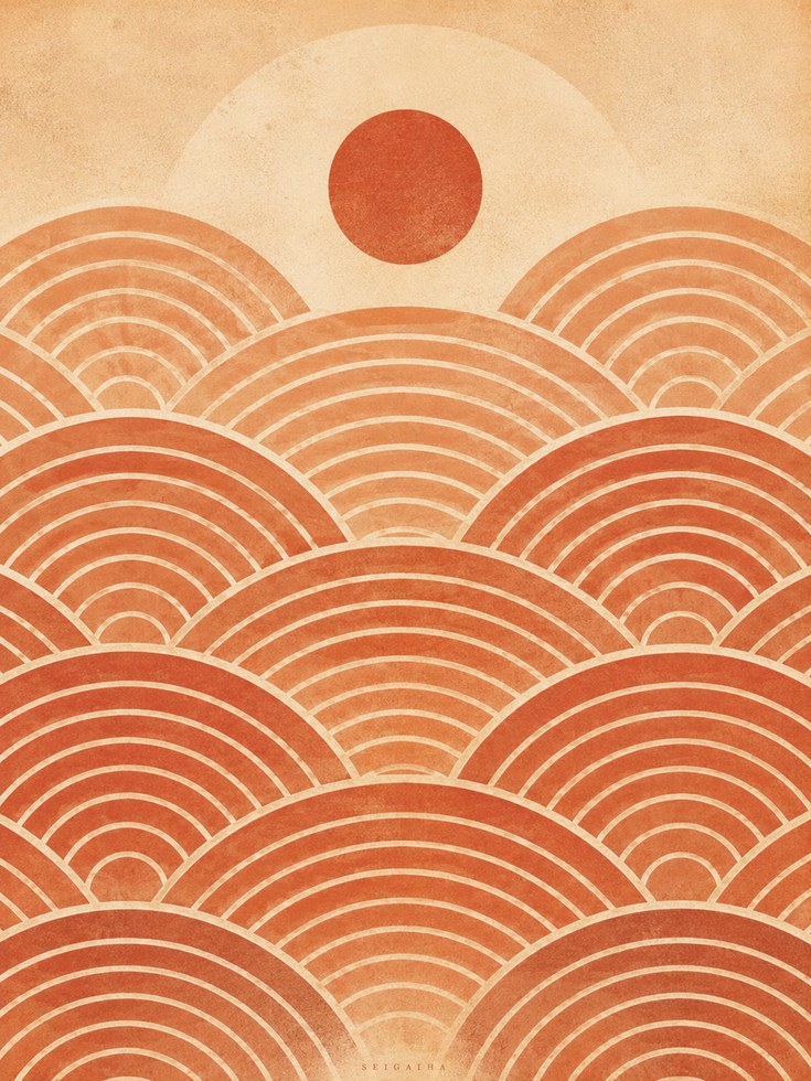 Japanese Wave Pattern Print – Geometric Sun - artwork on paper