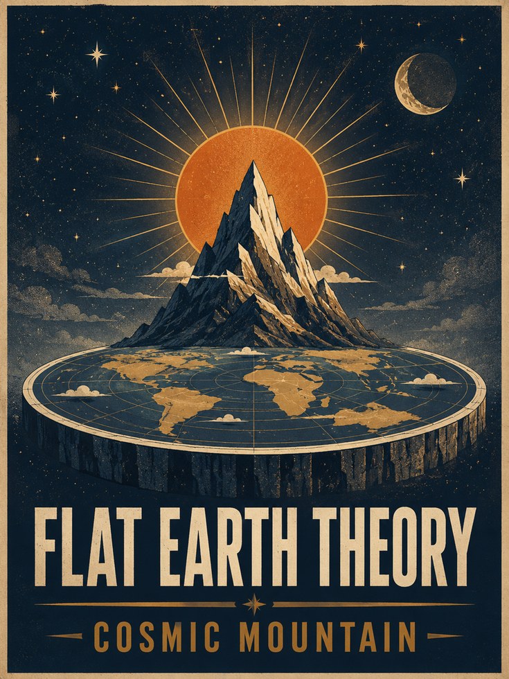 Flat Earth Wall Art: Retro Cosmic Mountain - artwork on paper