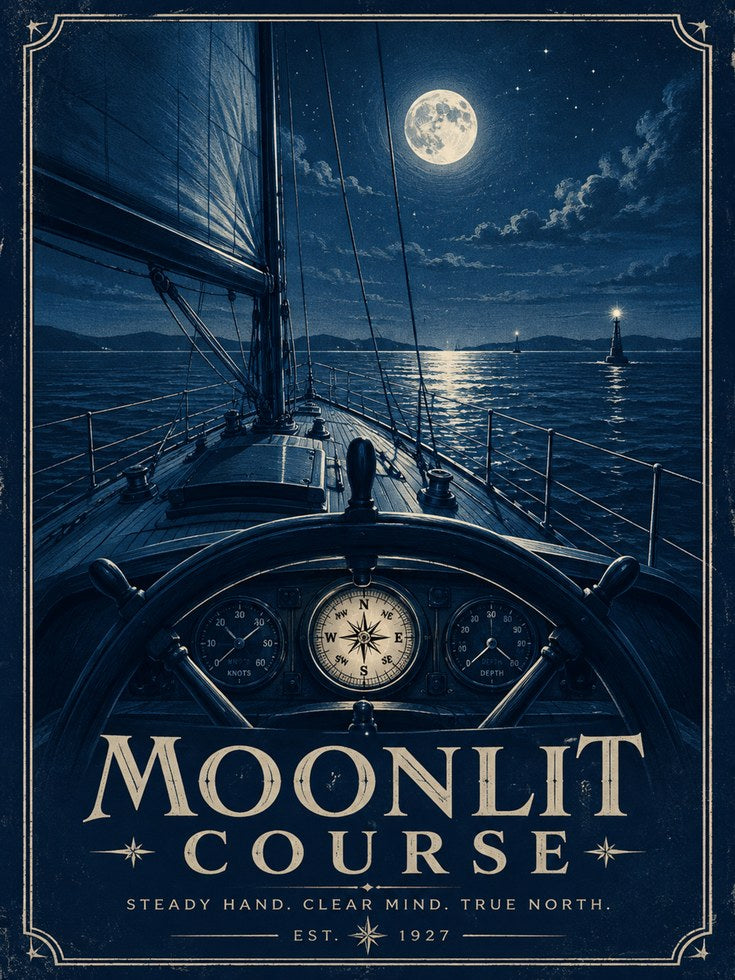 Moonlit Sailboat Navigation Art Print: Vintage Nautical Design - artwork on paper