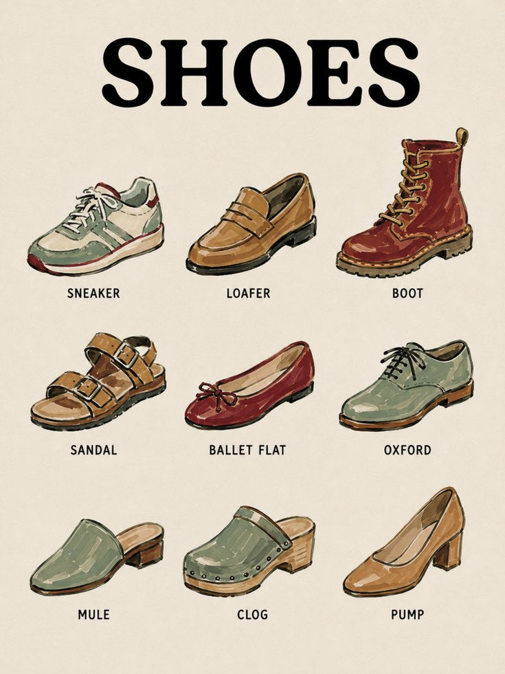 Vintage Shoe Types Chart Poster: Retro Fashion Illustration - artwork on paper