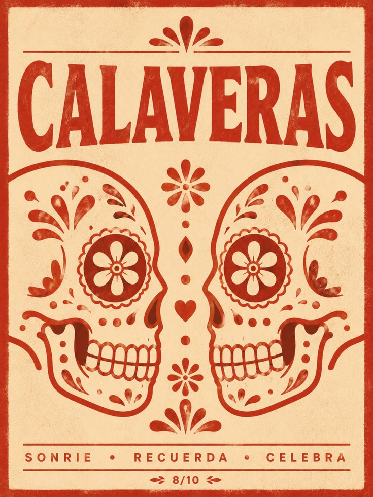 Sugar Skull Wall Art: Día de los Muertos Print (Red & Cream) - artwork on paper