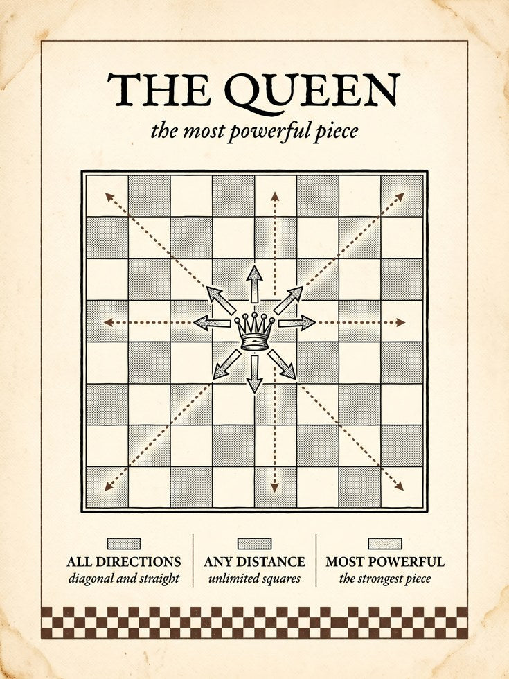 Chess Queen Diagram Print: Retro Educational Art (Multiple Sizes) - artwork on paper