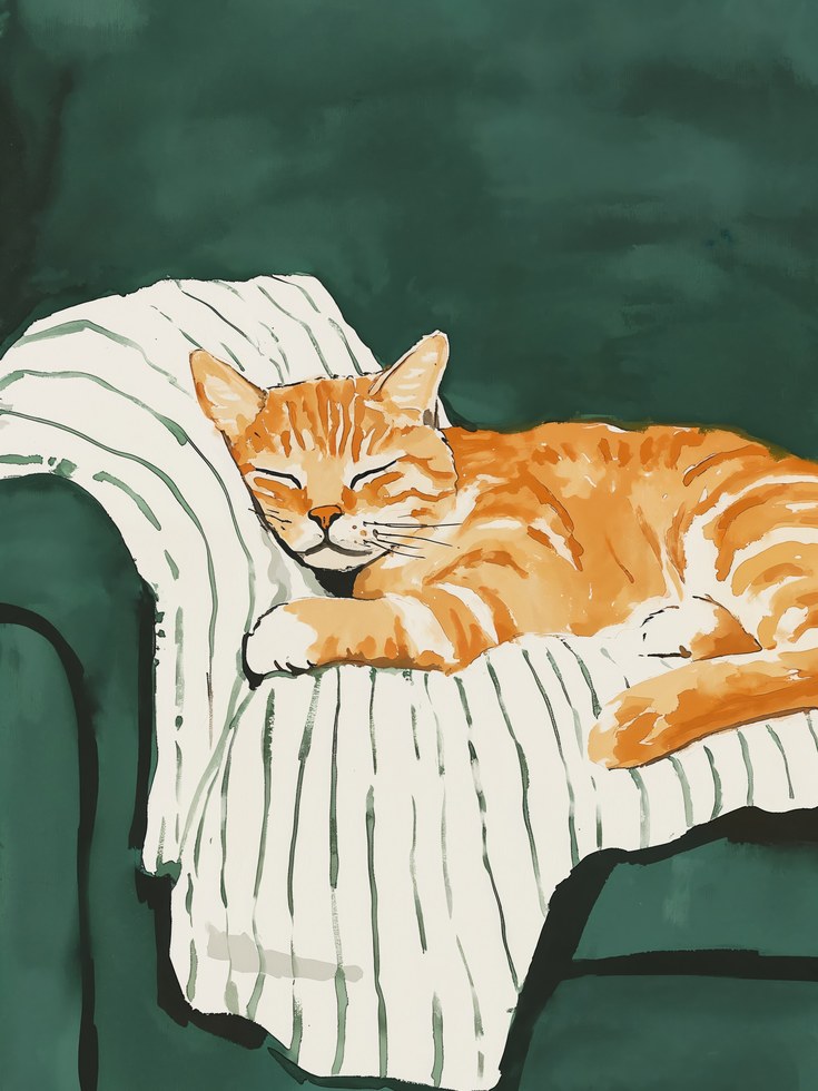 Sleeping Tabby Cat Wall Art – Green Armchair - artwork on paper